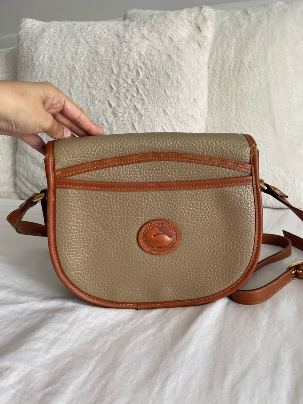 Dooney & Bourke Vintage Crossbody Saddle Bag in Taupe and Cognac - Picture 5 of 9